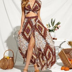 Geo Print Twisted Crop Top & Maxi Skirt Set